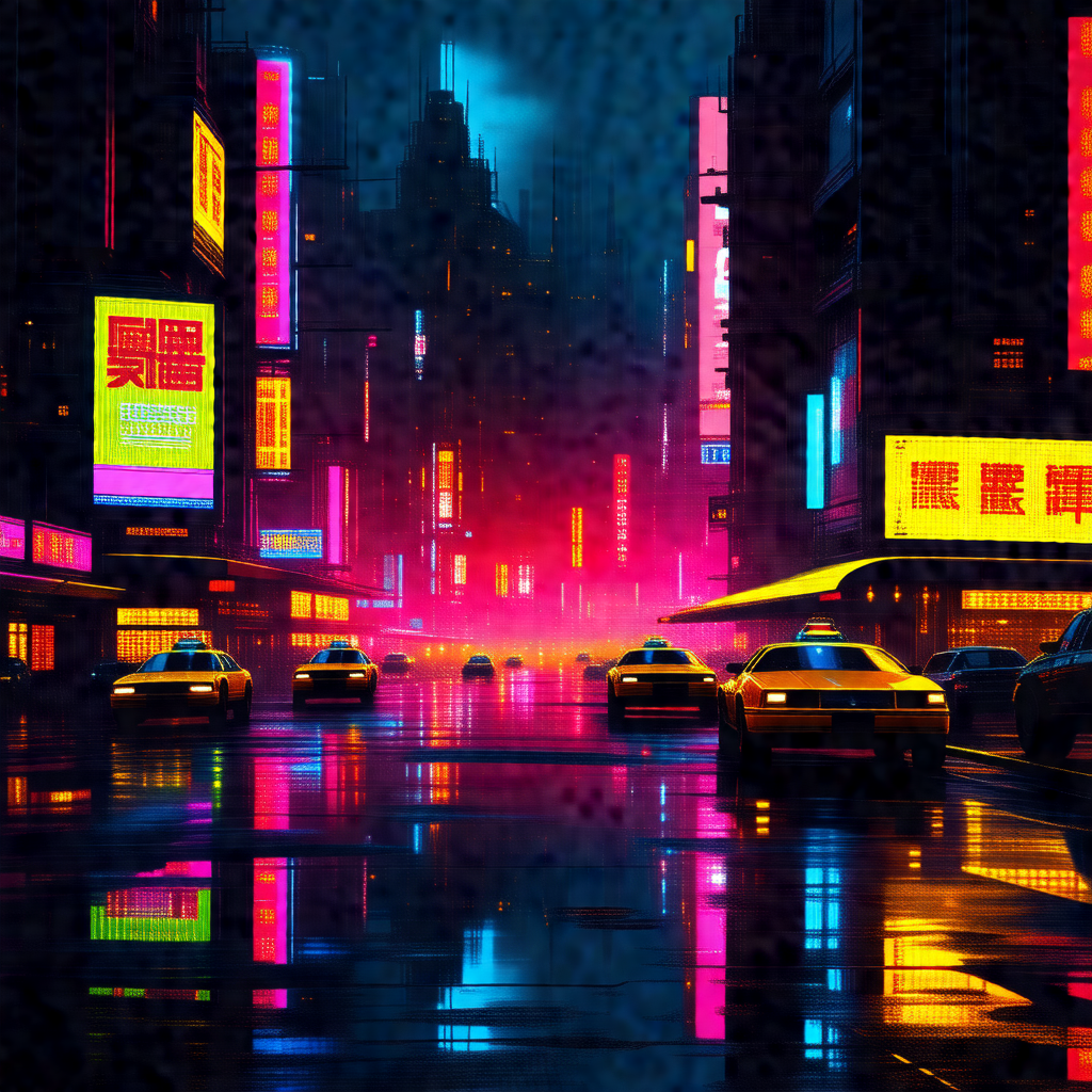 Colorful, artistic depiction of a busy city street at night