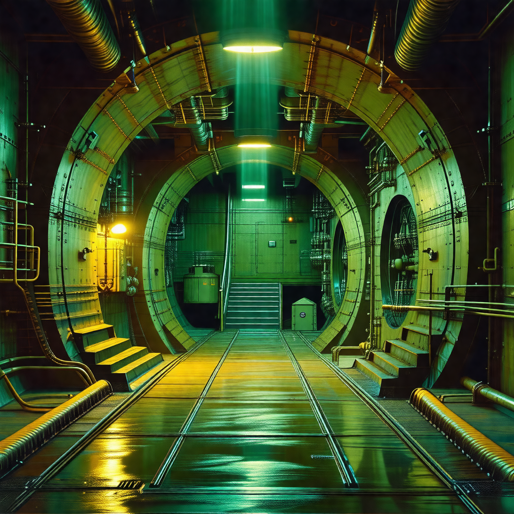 Large, dark tunnel with a greenish glow