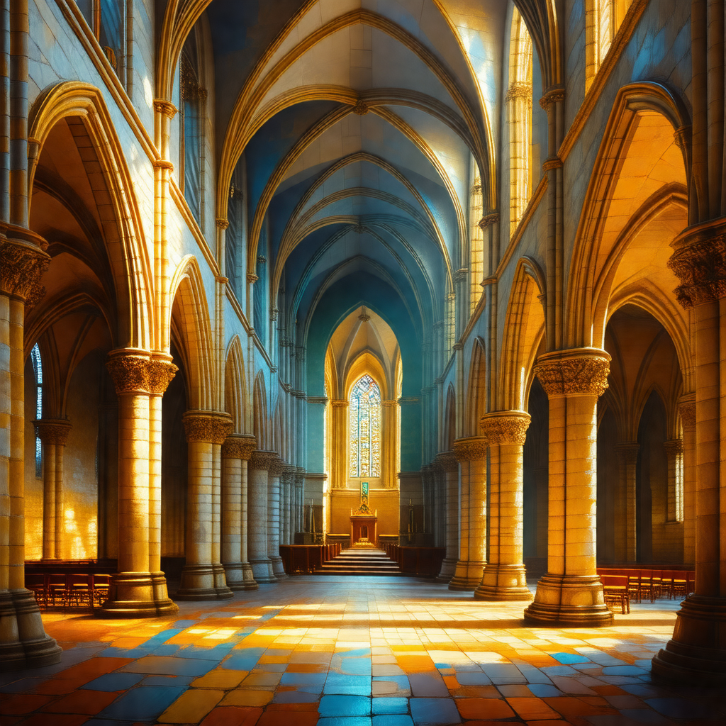 Painting of a large cathedral with a beautiful stained gl...