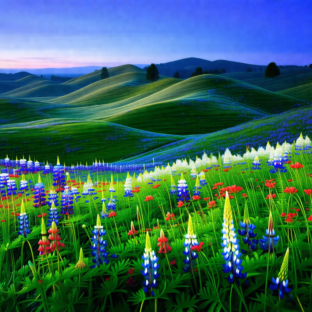 Lush green field with a variety of flowers, including blu...