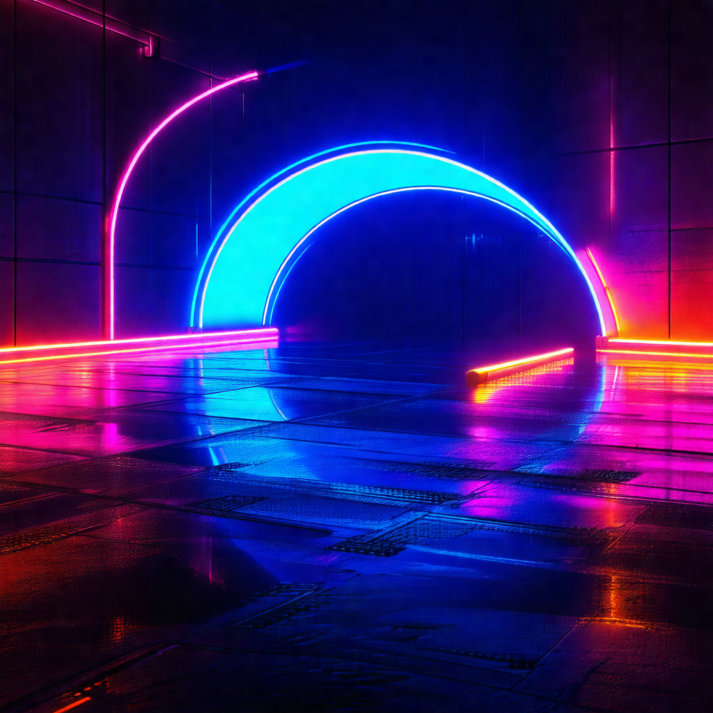 Large, illuminated tunnel with a blue and purple glow