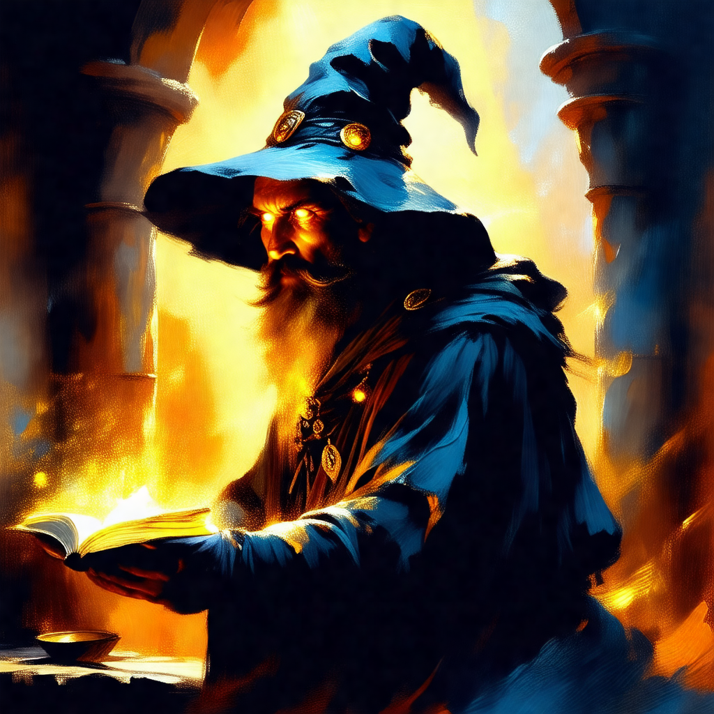 Wizard with a long beard, wearing a black robe and a poin...
