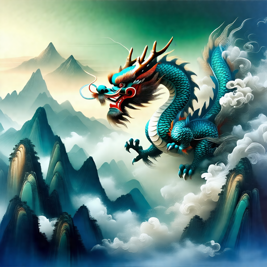 Large, colorful dragon flying through the sky