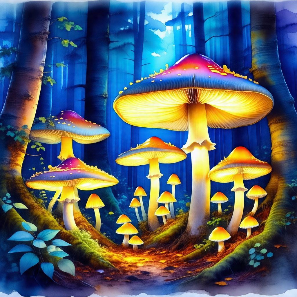 Forest with a group of mushrooms growing on the ground