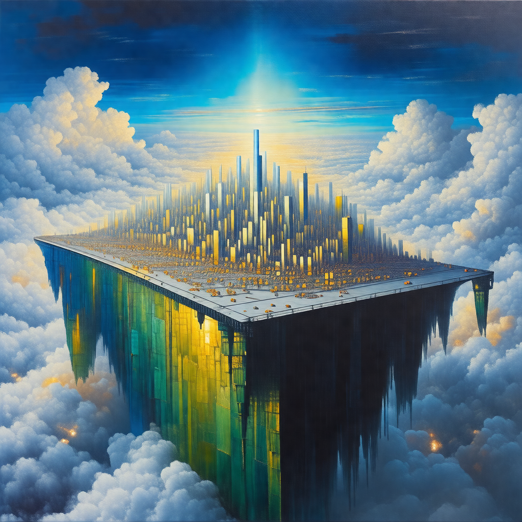 Painting of a cityscape with a large building in the center