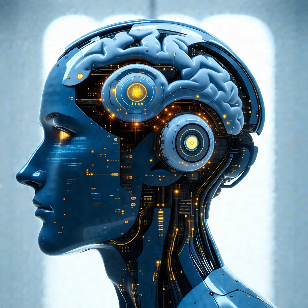 Close-up of a robot's head, showcasing its intricate and ...