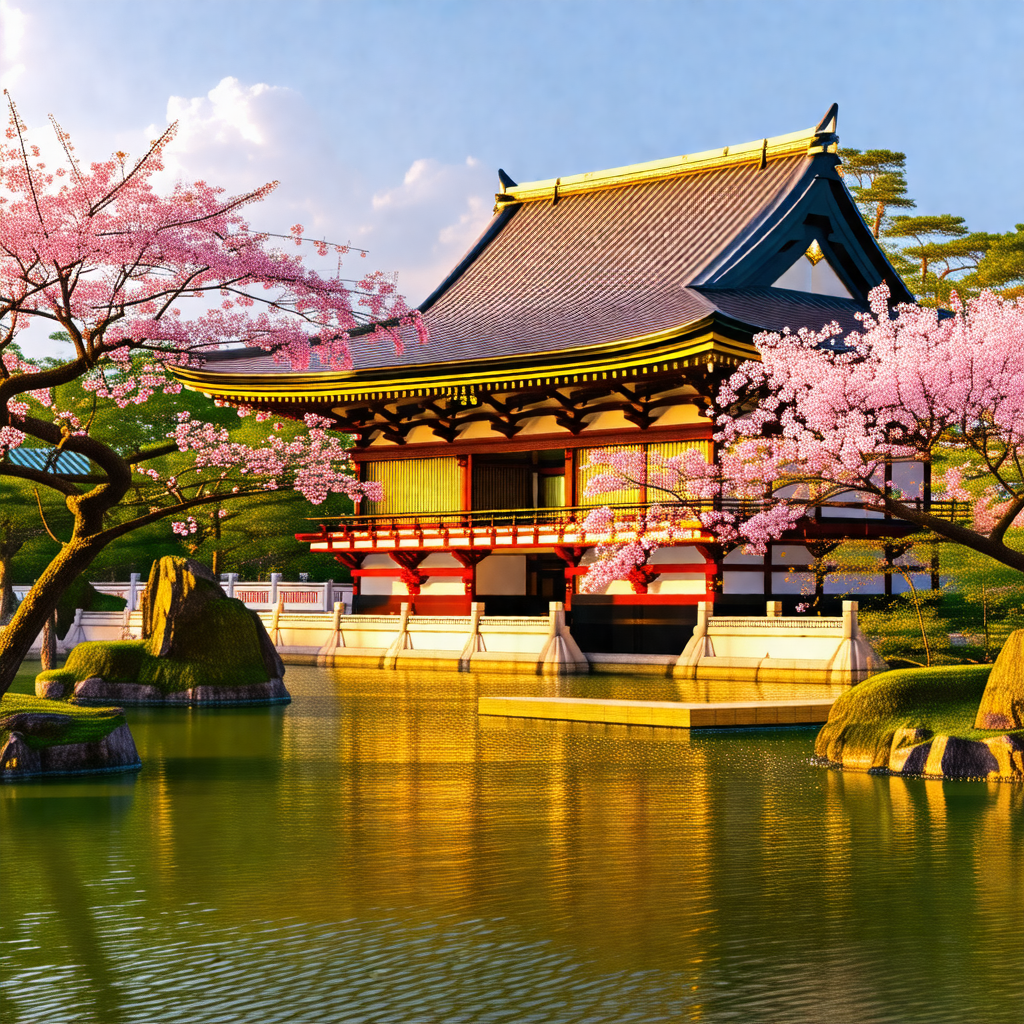 Beautiful japanese garden with a large red building in th...