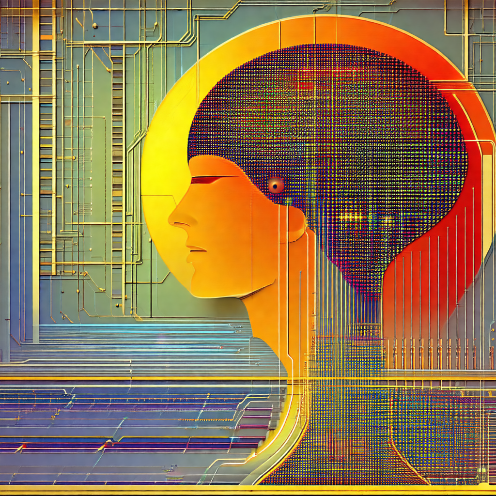 Woman's head with a large, brightly colored brain