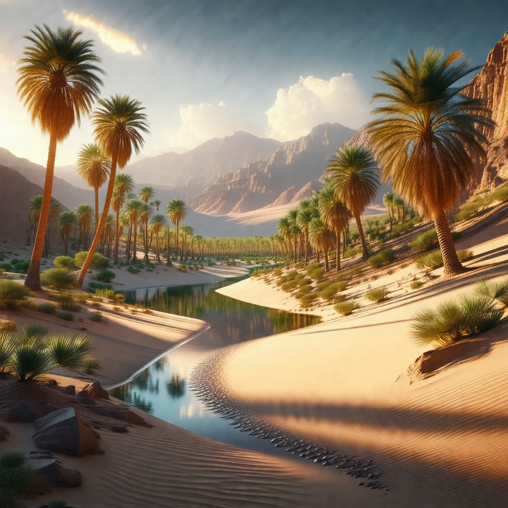 Beautiful desert scene with a river flowing through it