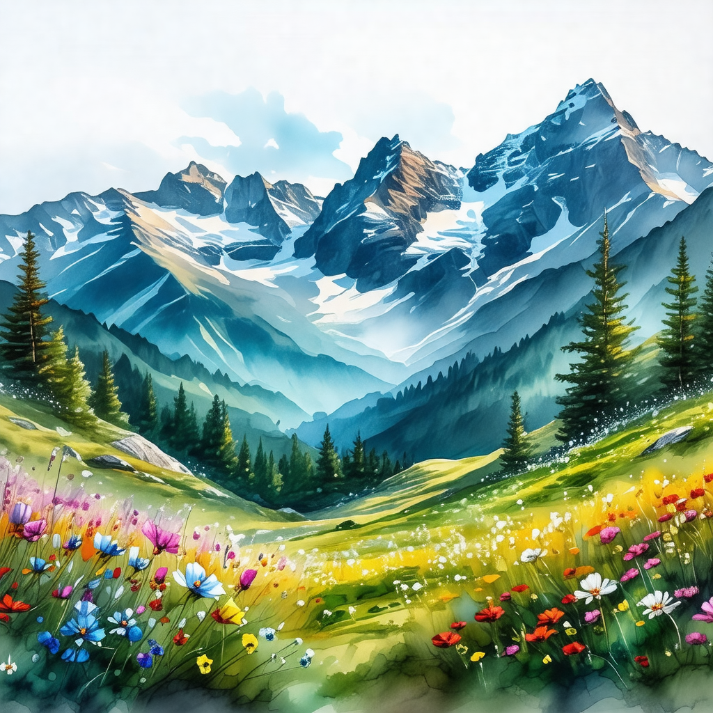 Beautiful mountain landscape with a lush green field and ...