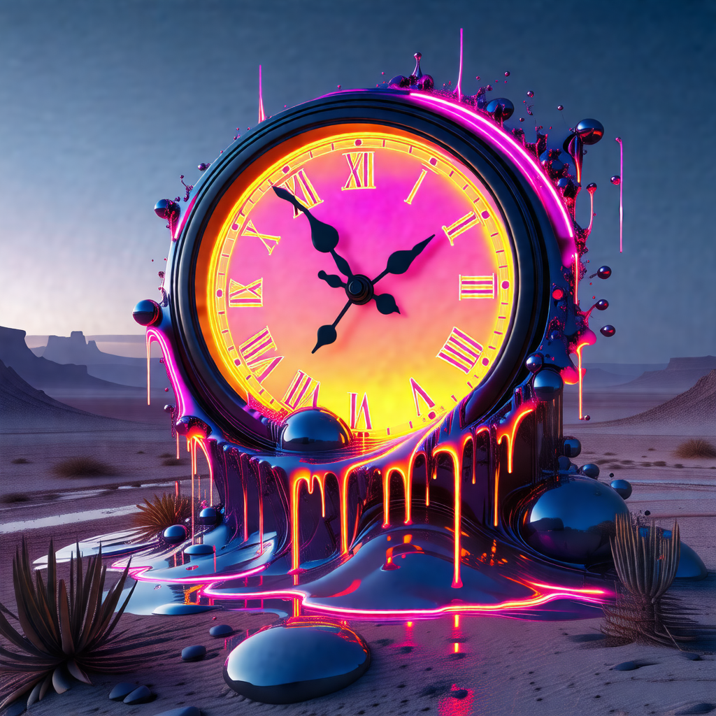 Large, colorful clock that is placed in a desert-like env...