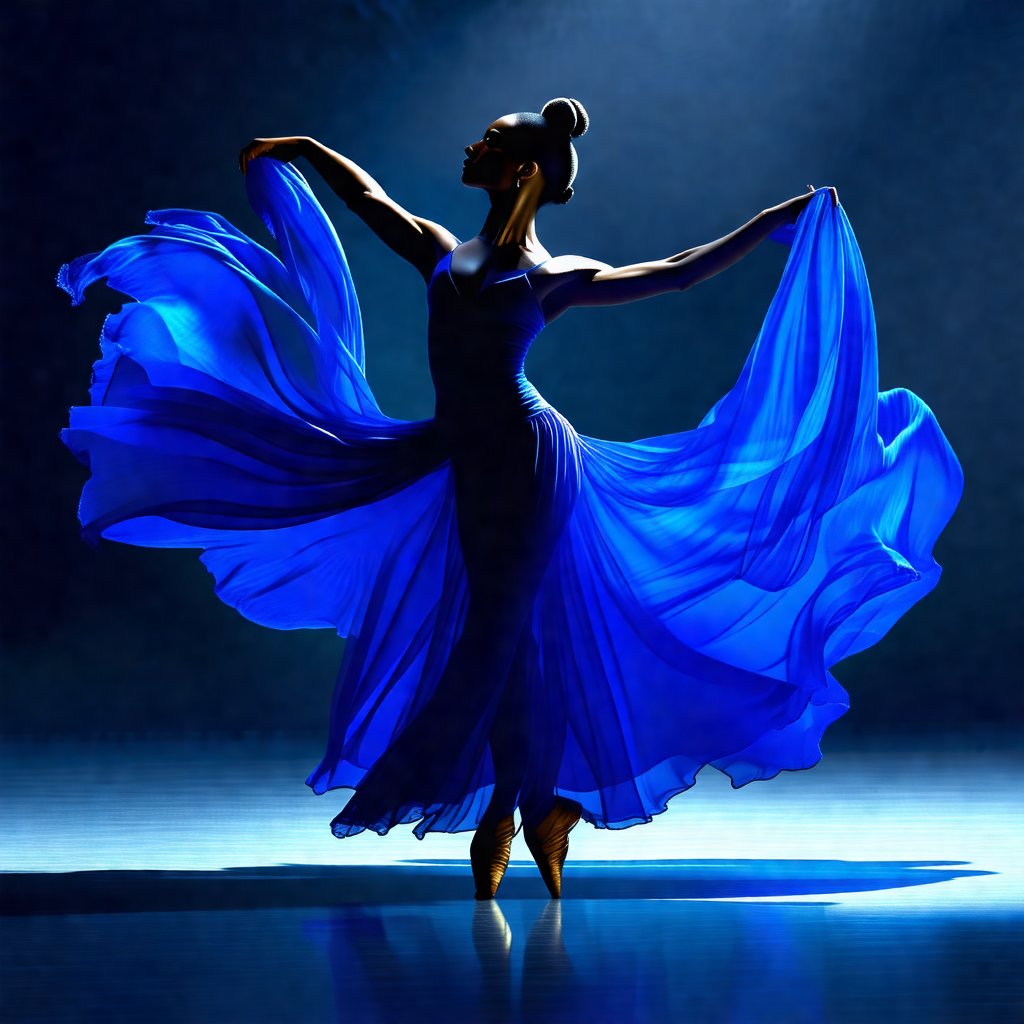 Woman in a blue dress, standing on a stage and performing...