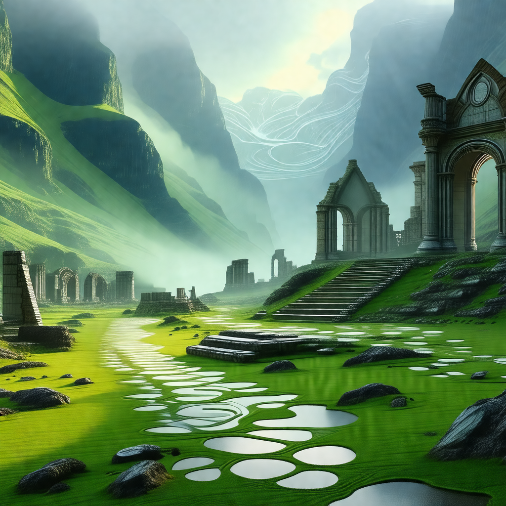Lush green landscape with a large, ancient stone structur...