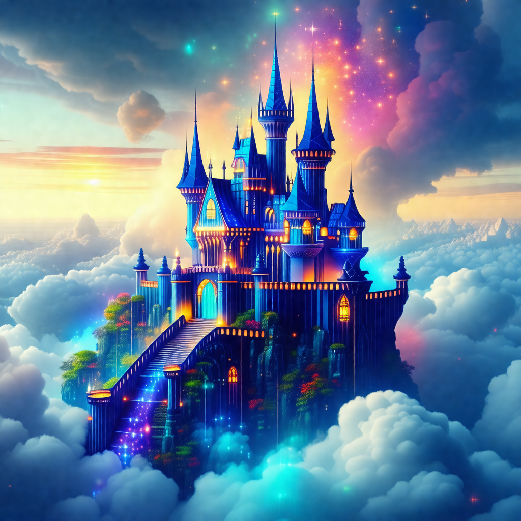 Large, colorful castle with a blue and purple color scheme