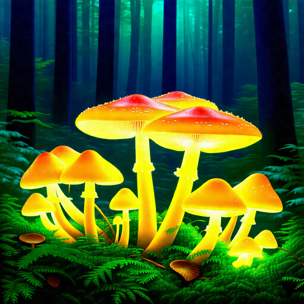 Forest with a group of brightly lit mushrooms growing on ...
