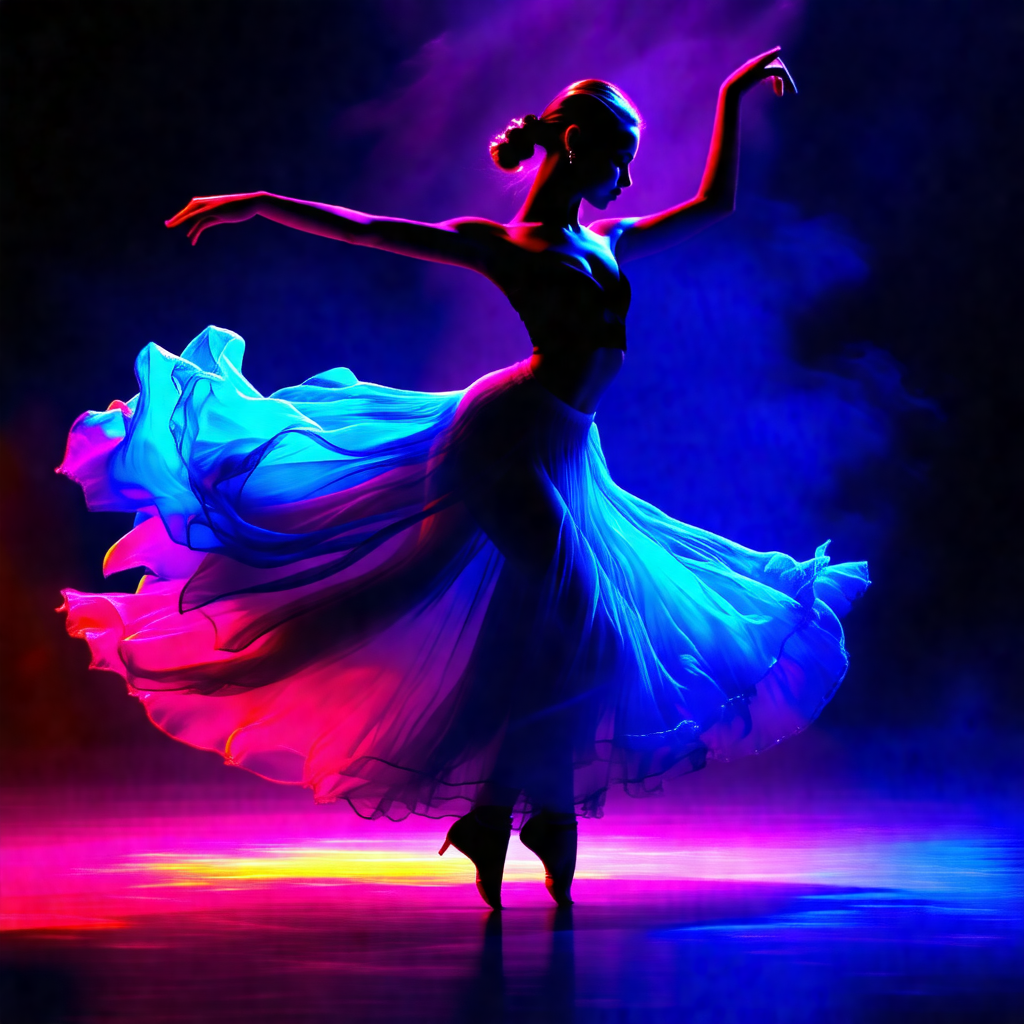 Woman in a blue dress, dancing on a stage