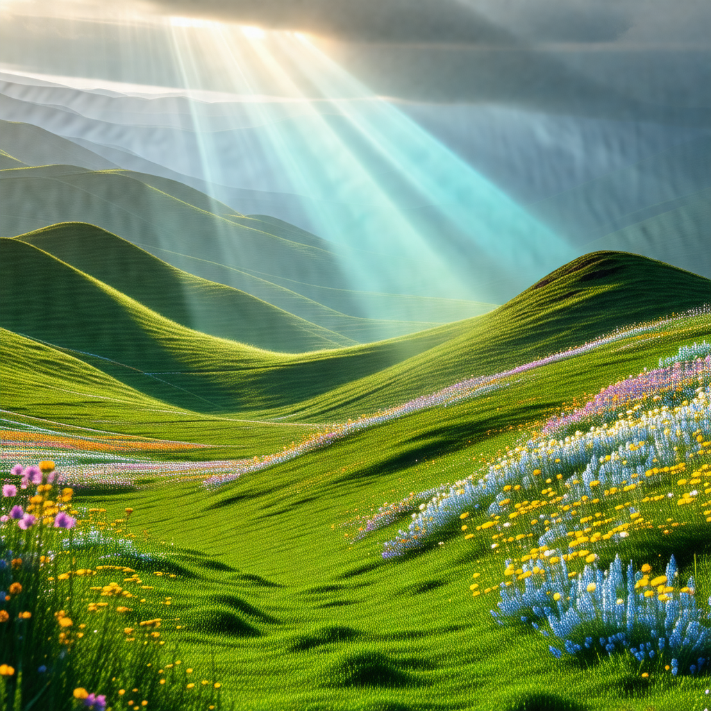 Lush green hillside with a beautiful sunrise in the backg...