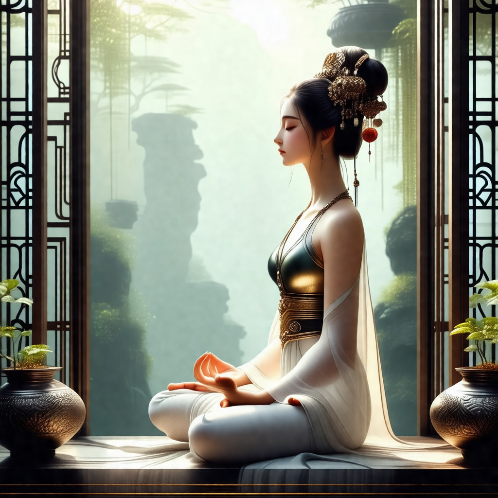 Woman sitting in a lotus position on a window sill