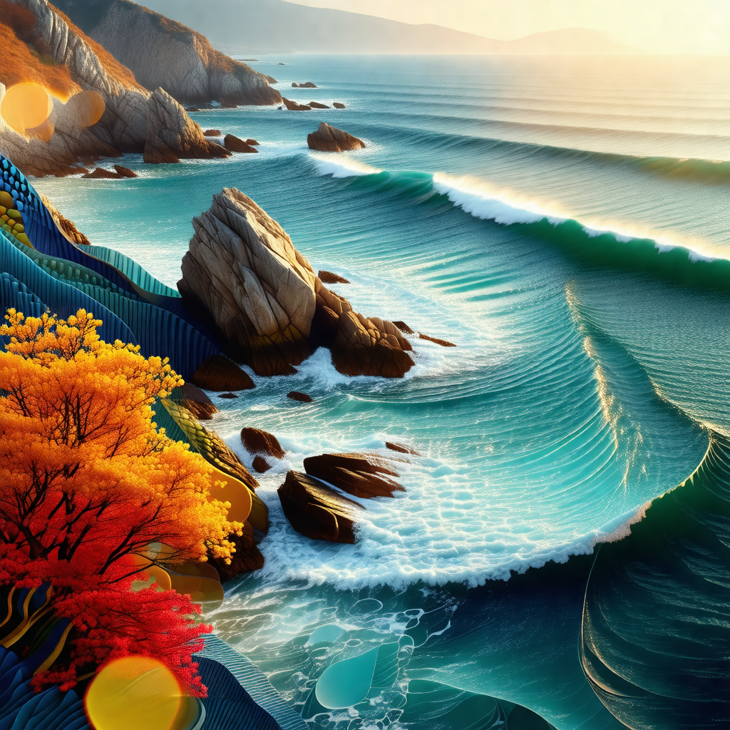 Beautiful ocean scene with a large wave crashing onto the...