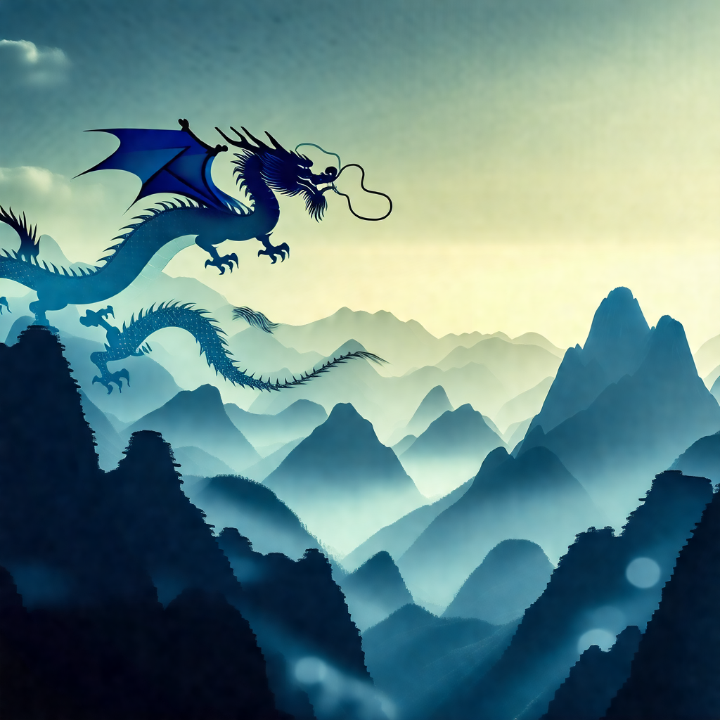 Dragon flying through the sky, with its head down and its...