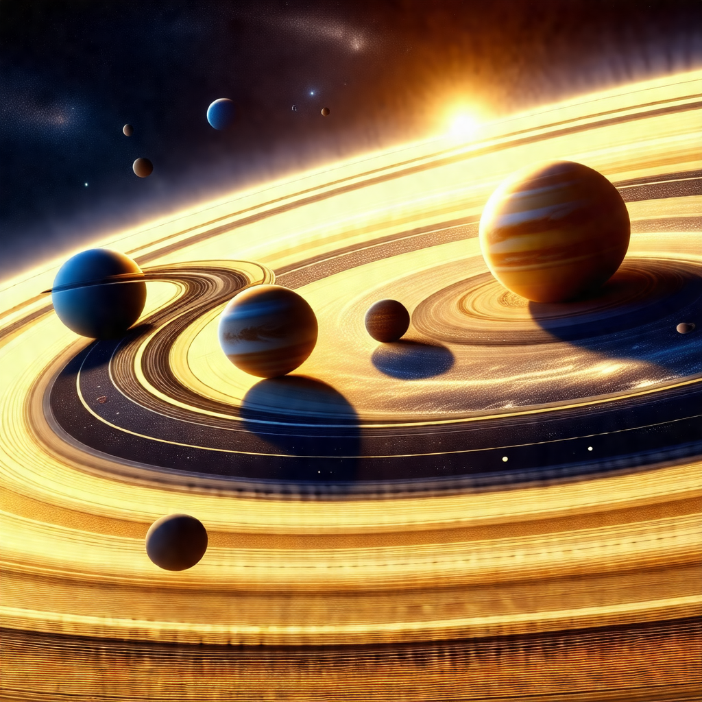 Painting of a solar system, featuring a large yellow plan...