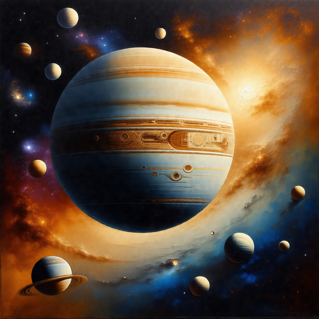 Large, blue planet with a ring of smaller planets surroun...