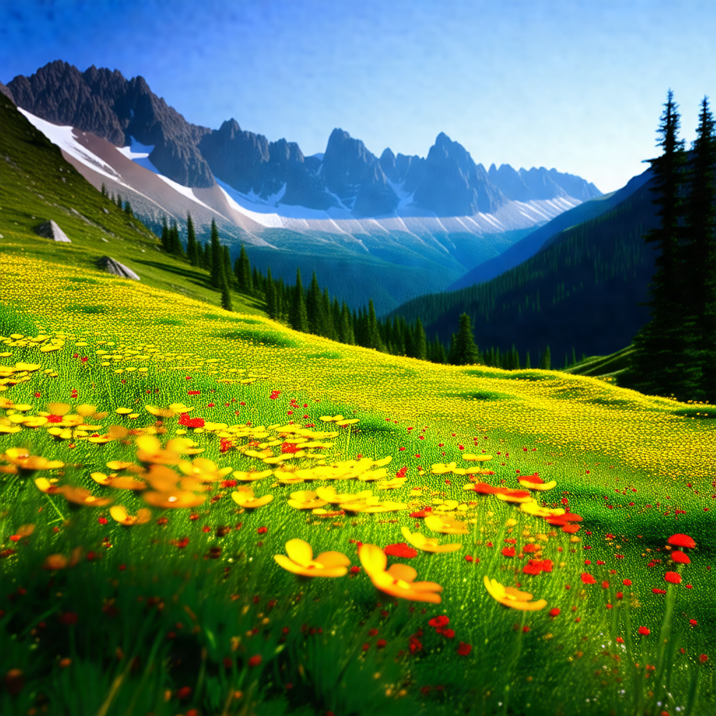 Beautiful, lush green field with a mountain range in the ...