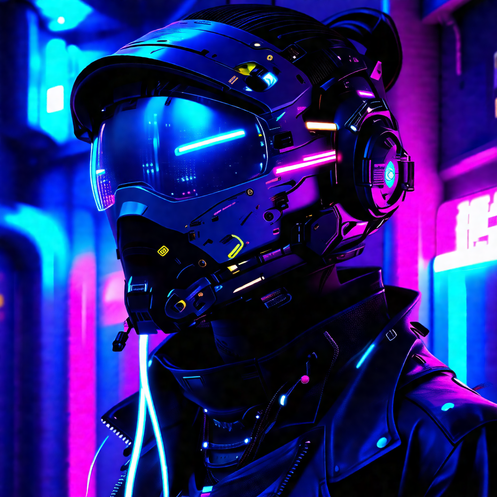 Person wearing a futuristic-looking helmet, which is ador...