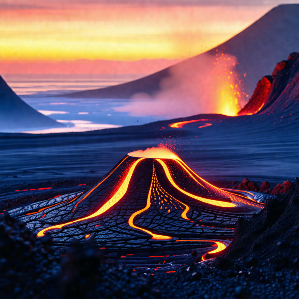 Volcanic landscape with a large, red lava flow