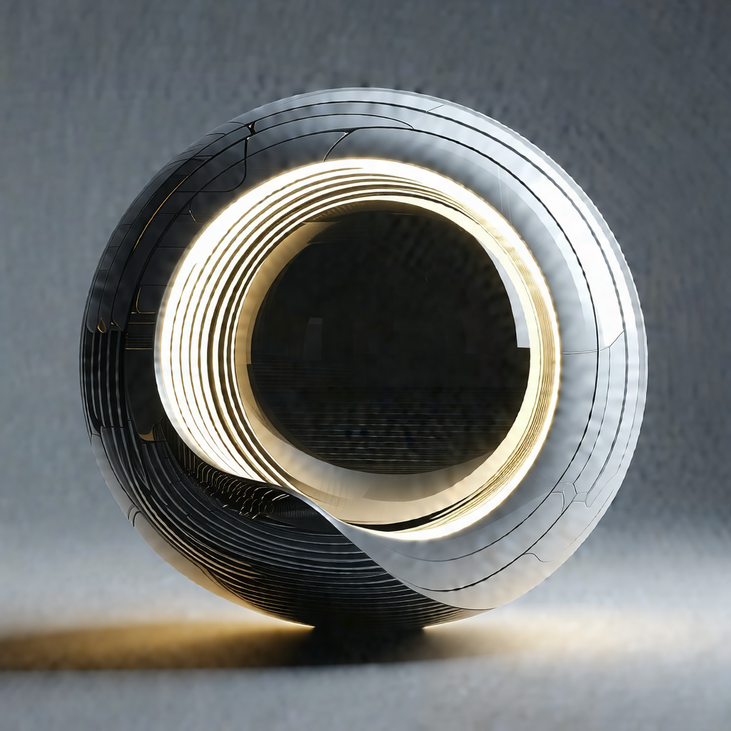 Large, round, metallic object with a light shining throug...