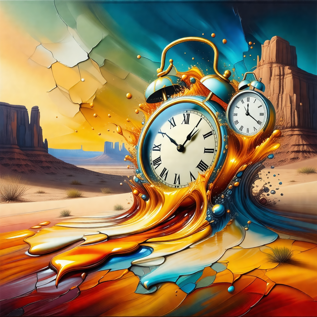Large, colorful clock that is falling apart and appears t...