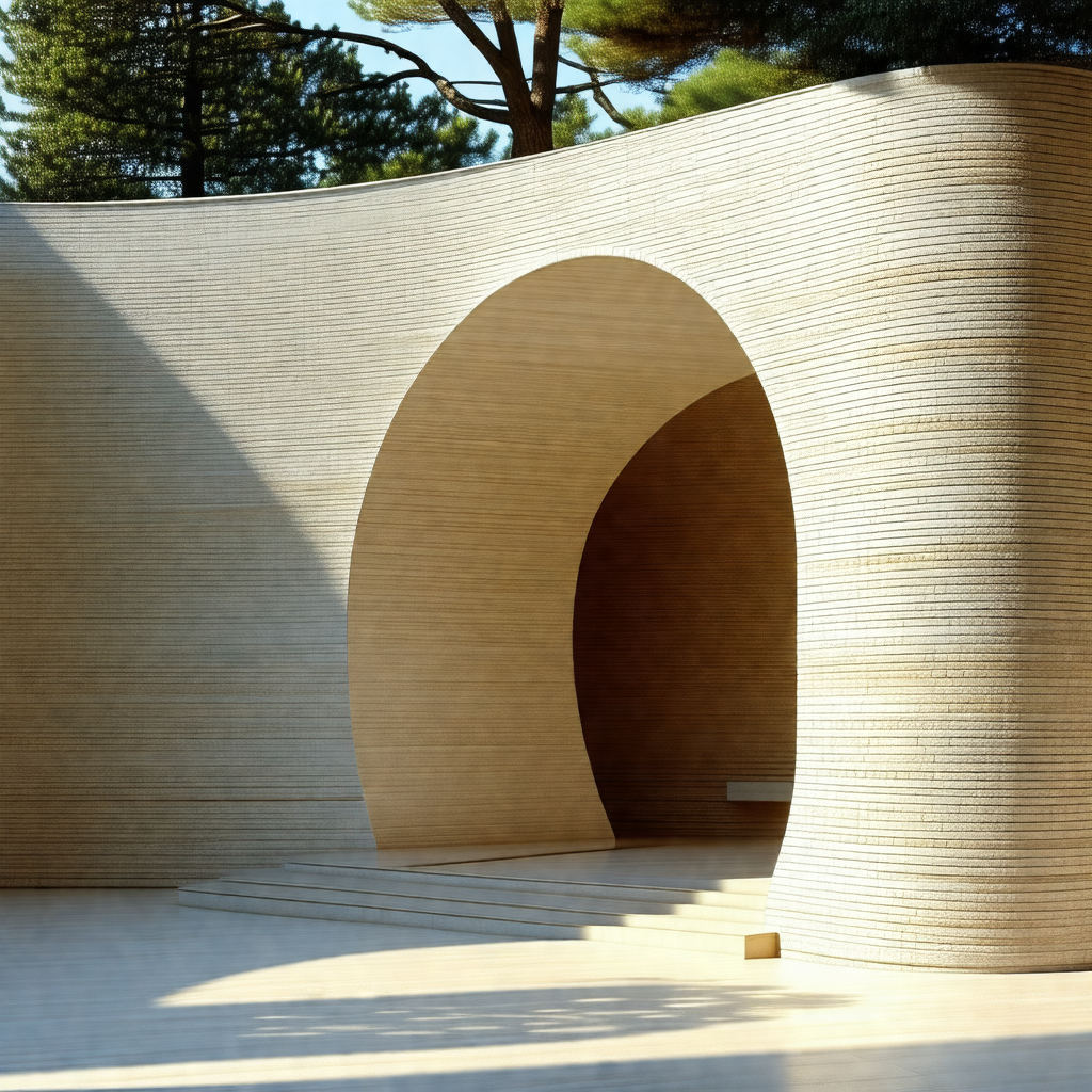 Large, curved wooden structure with a bench inside