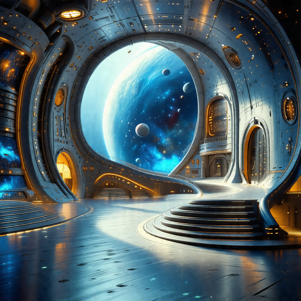 Futuristic scene featuring a large, open space with a blu...