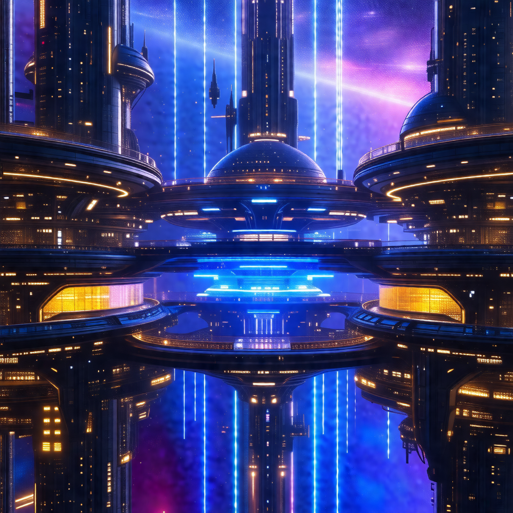 Futuristic cityscape with a large, blue, illuminated buil...