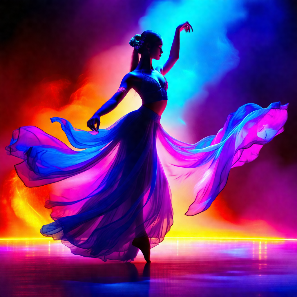 Woman in a blue dress, dancing on a stage