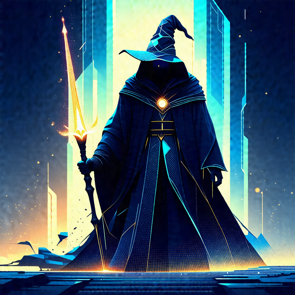Wizard dressed in a long black robe, standing in front of...