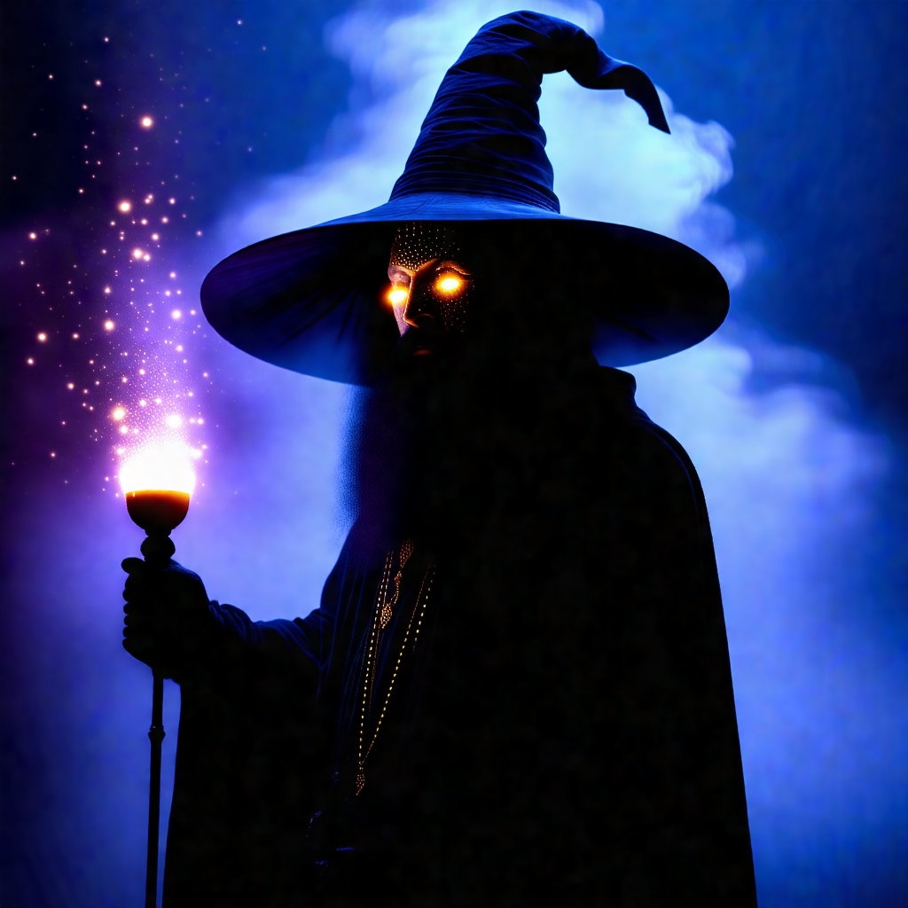 Man dressed in a wizard's costume, complete with a wig an...