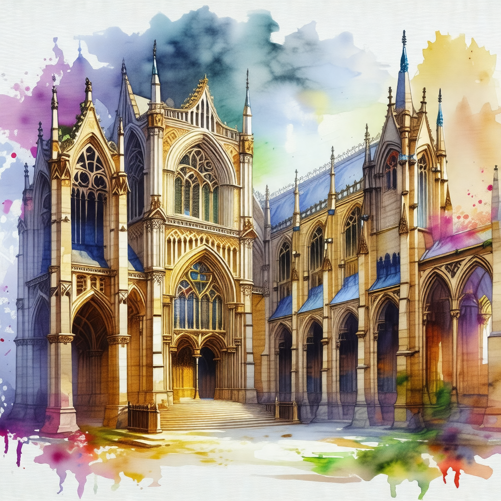 Painting of a large, old church with a tall tower