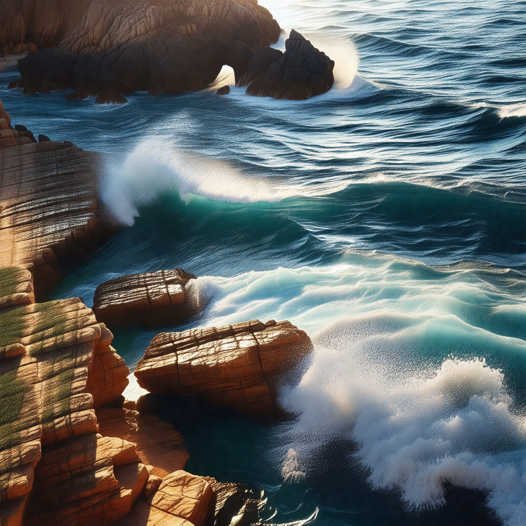Captures a beautiful scene of the ocean with waves crashi...