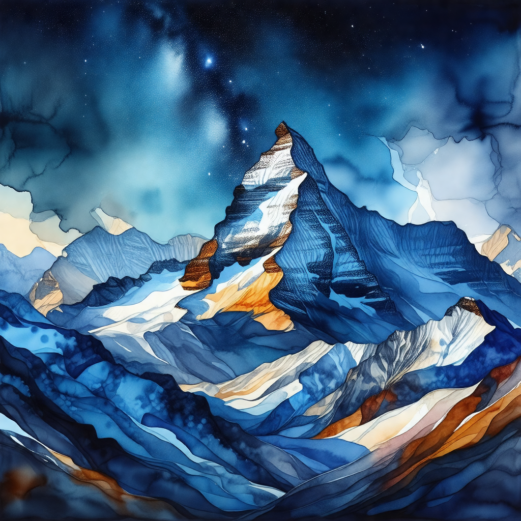 Painting of a majestic mountain with a blue sky in the ba...