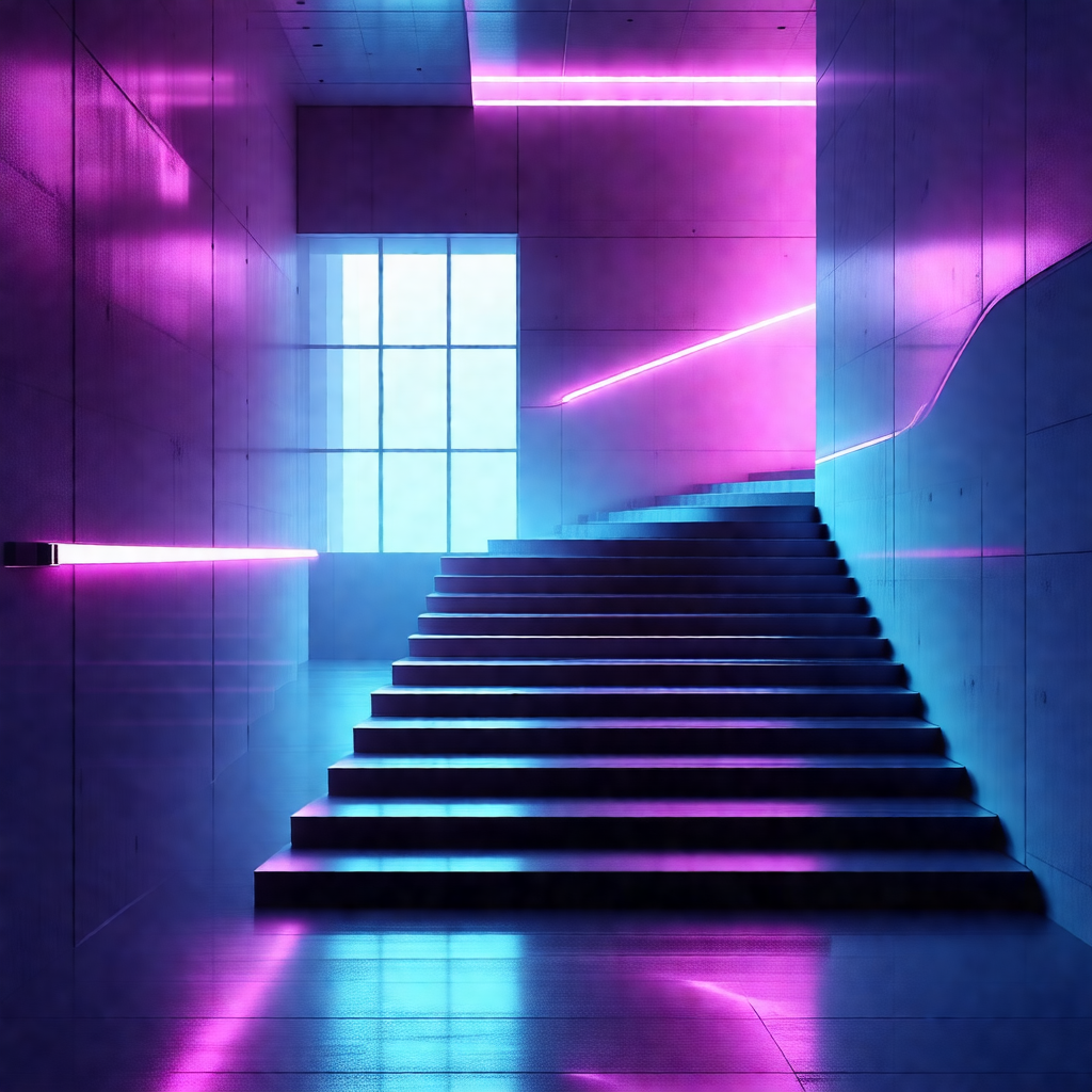 Staircase with a blue and purple lighting effect, giving ...