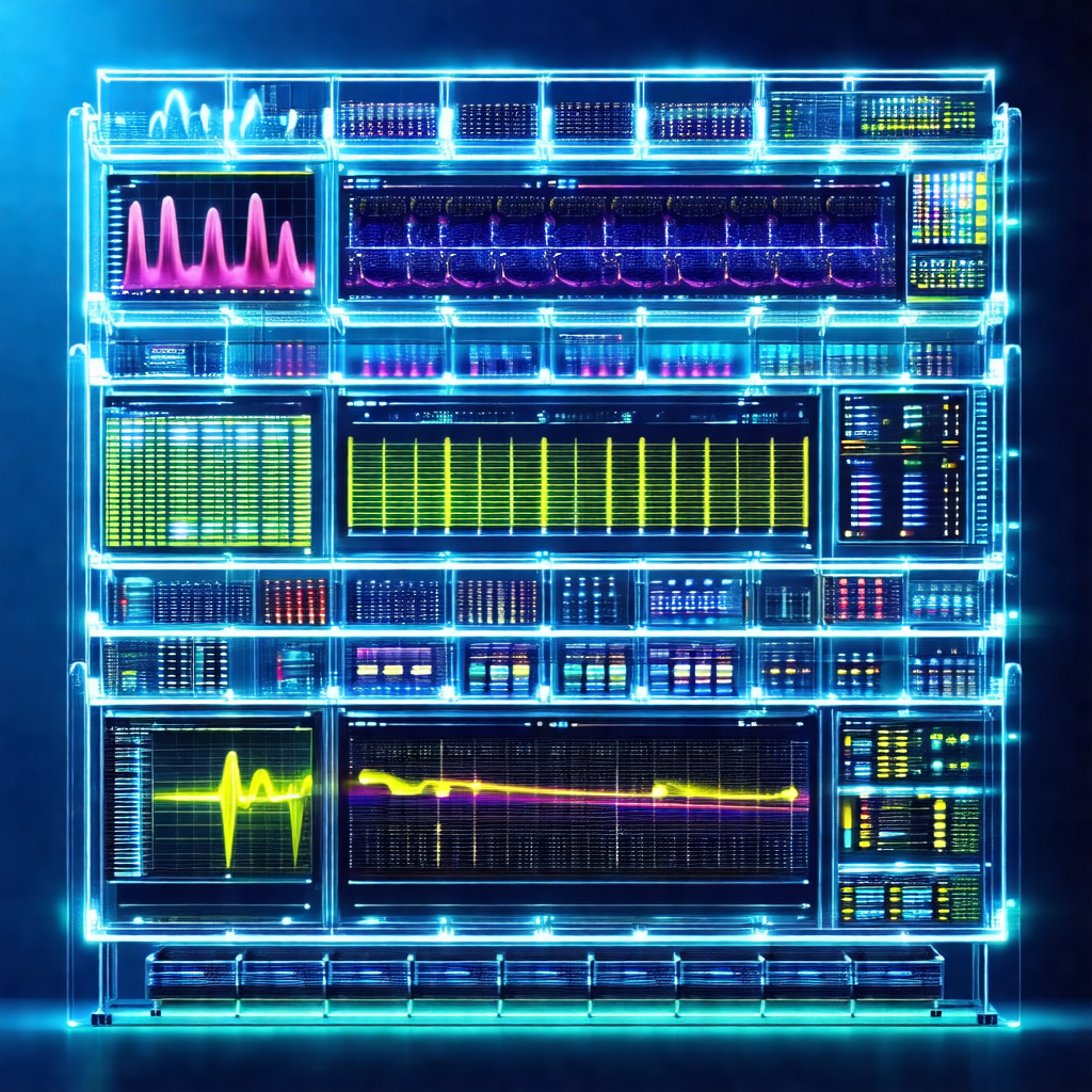 Large, blue, lit-up computer monitor with various screens...