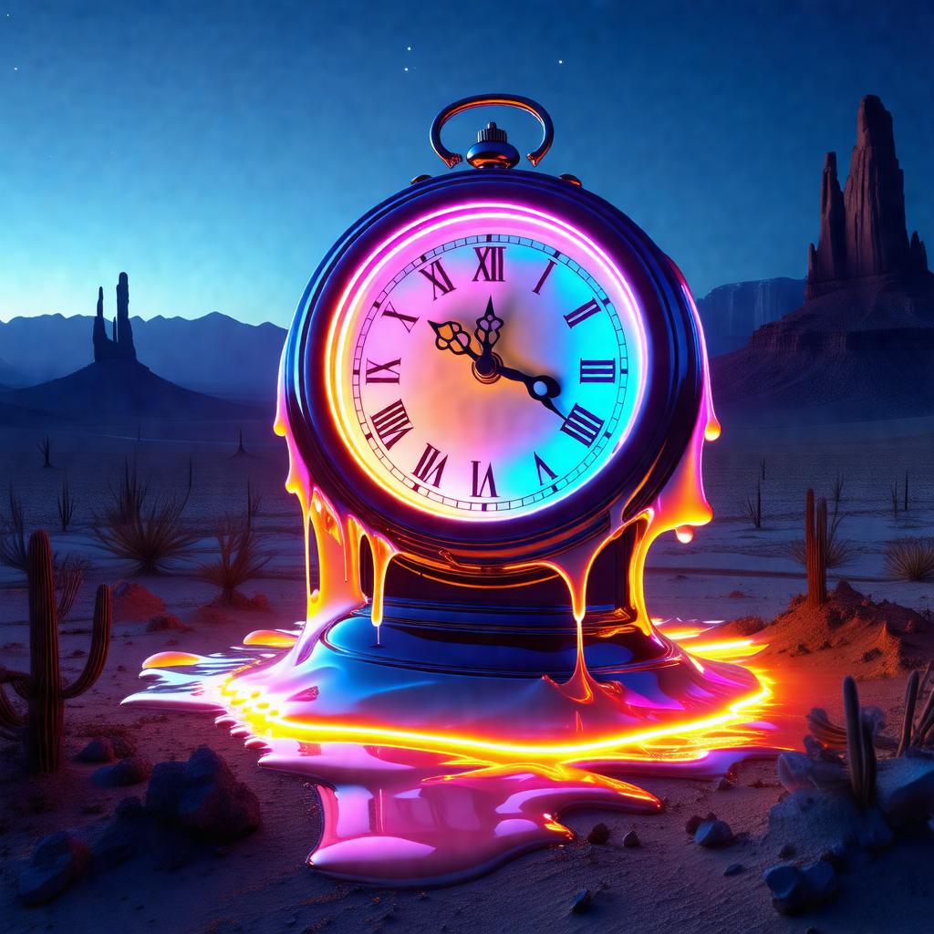 Large, colorful clock sitting in a desert-like environment