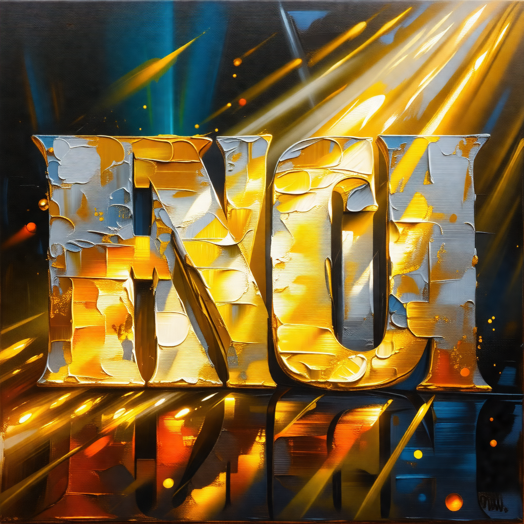 Painting of a large, gold letter "n" with a yellow backgr...
