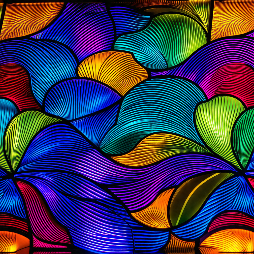 Colorful stained glass window featuring a variety of shap...