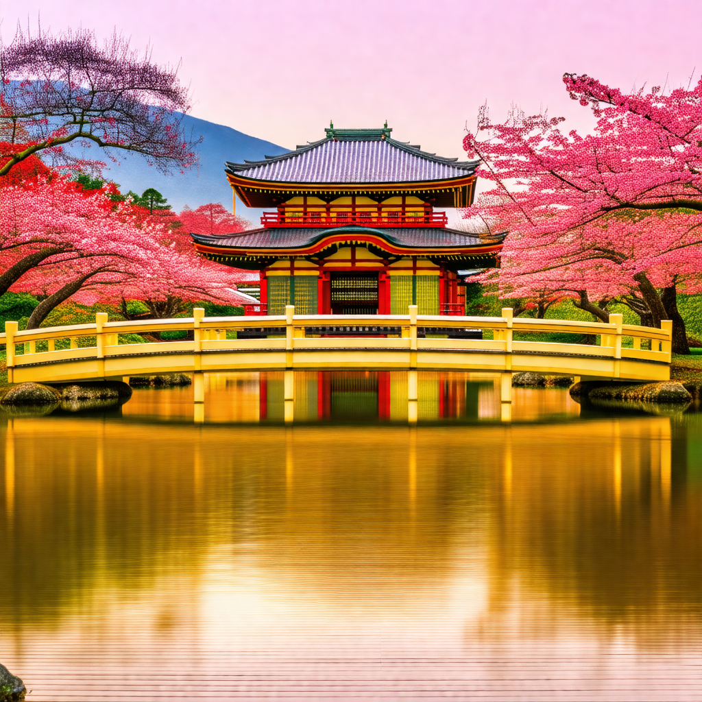 Beautiful japanese garden with a large, red pagoda in the...