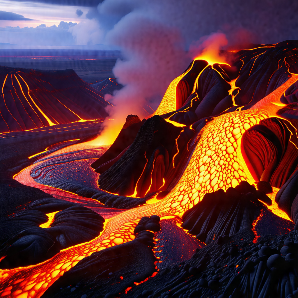 Volcanic landscape with a river of lava flowing through it