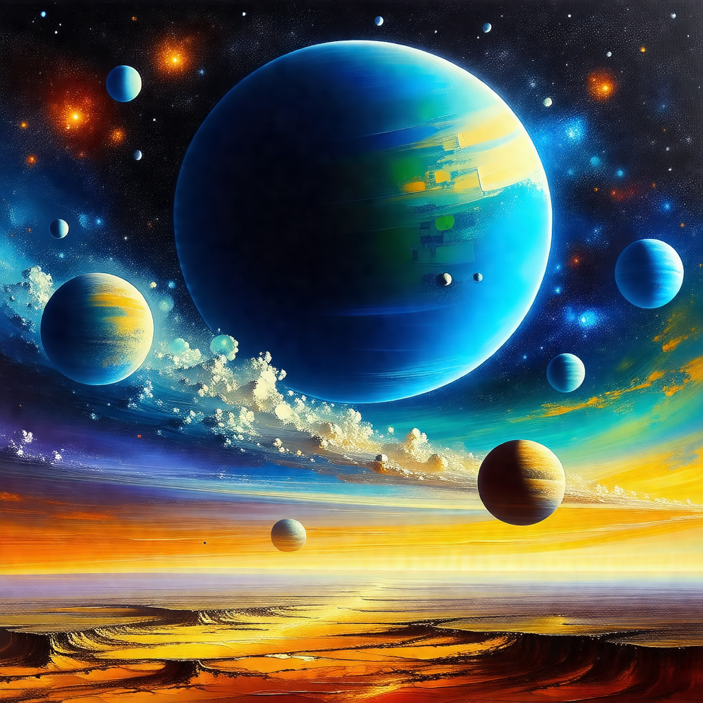 Vibrant and colorful painting of a planetary system, with...