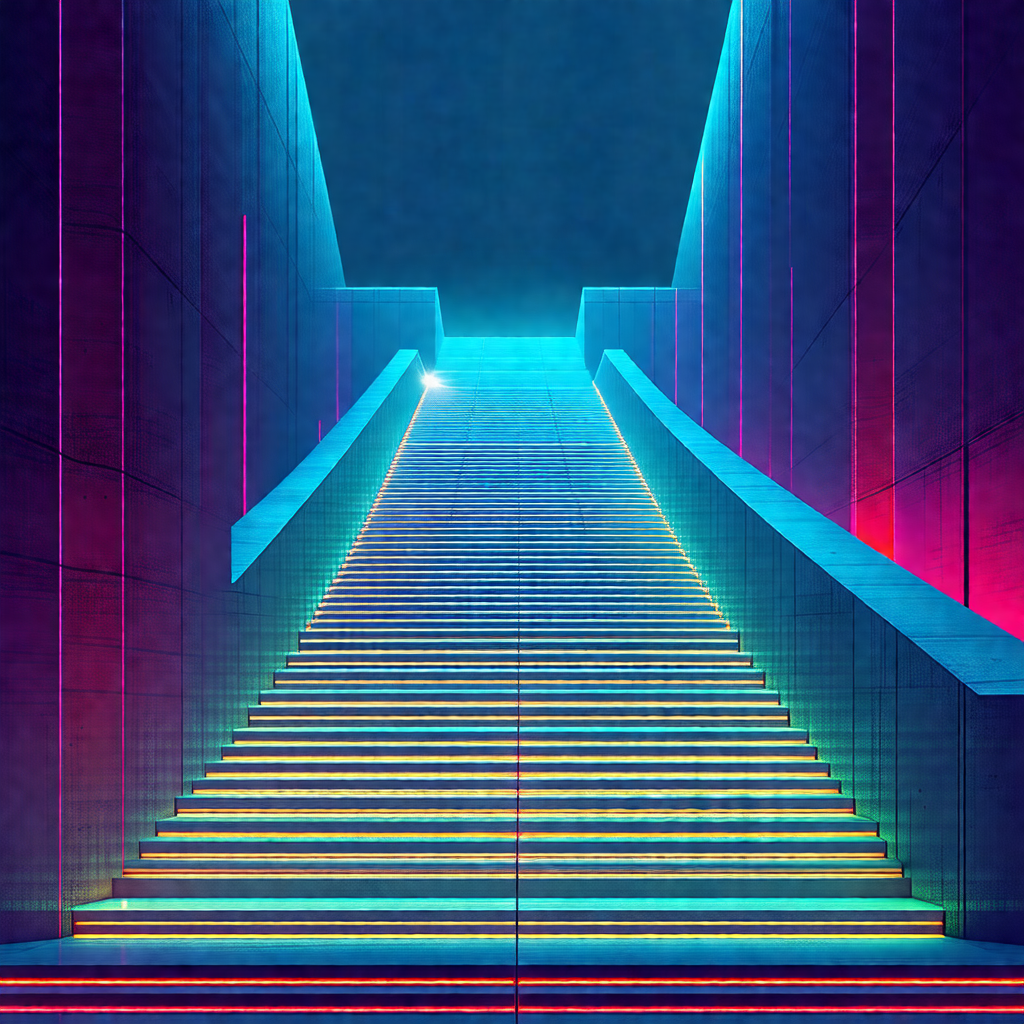Staircase with a rainbow-colored light illuminating the s...