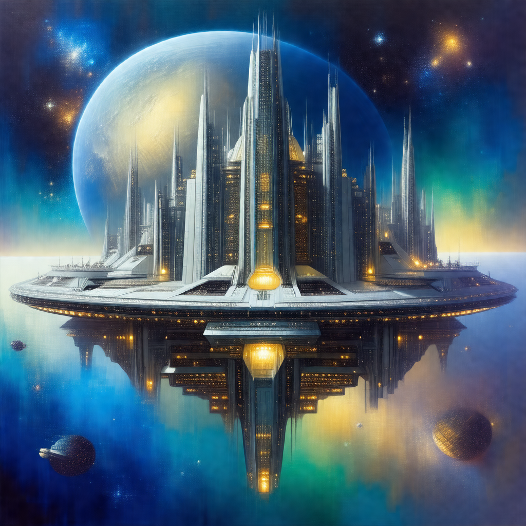 Futuristic city with a large, sprawling space station